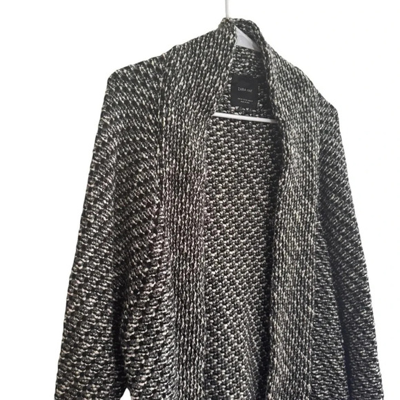 Zara Knit Chunky Black White Grey Open Front Cardigan Sweater M - Picture 2 of 11